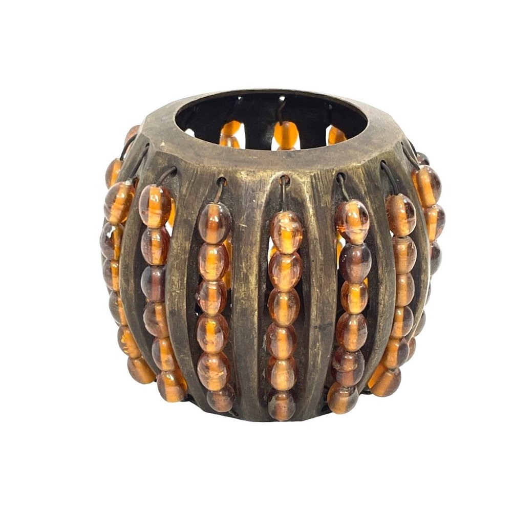 0676A- Handmade Brass Beads Votive Candle Holder India Luminary Teal light Round